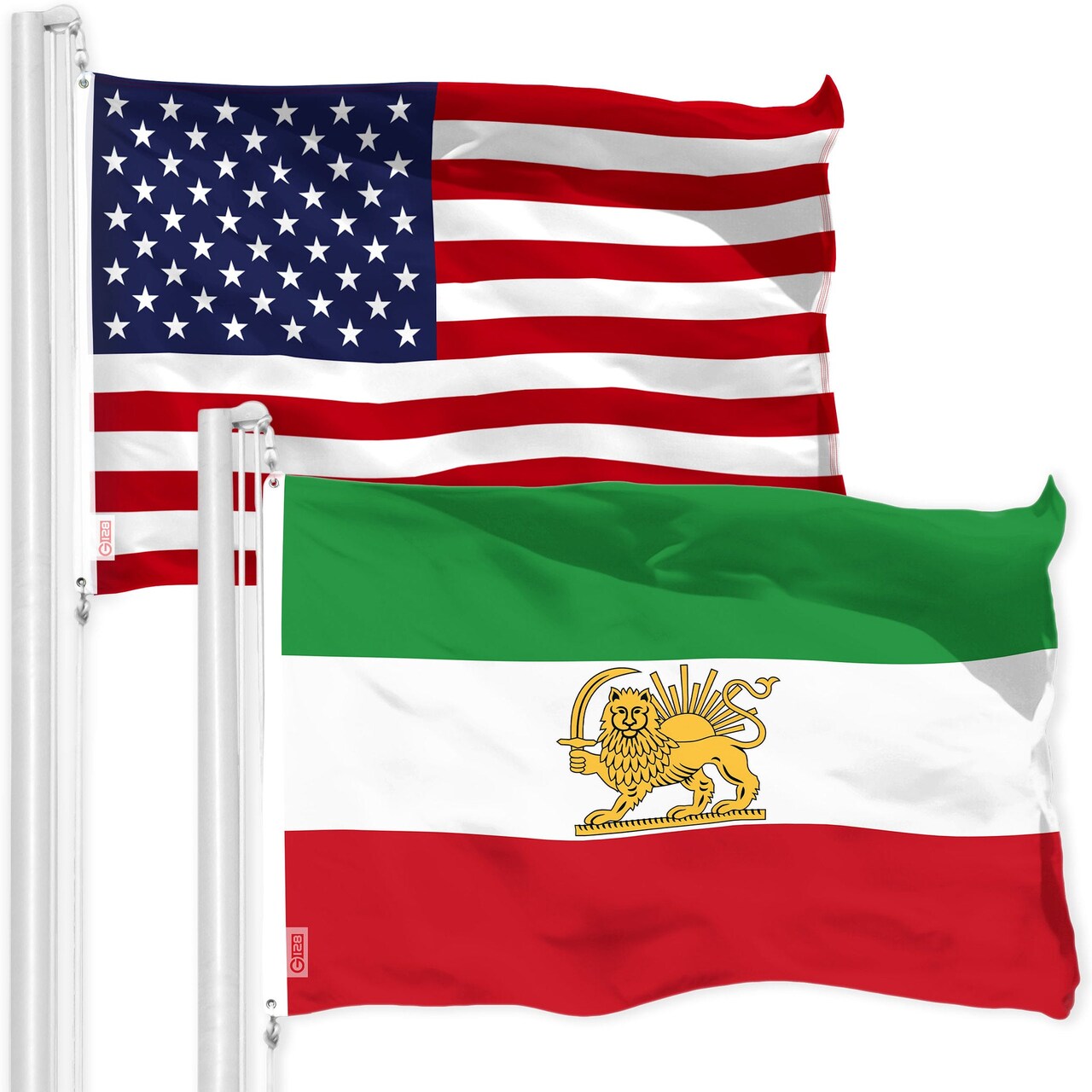 G128 Combo Pack: American USA Flag 3x5 Ft & Iran Lion Iranian Lion Flag 3x5 Ft | Both LiteWeave Pro Series Printed 150D Polyester, Brass Grommets